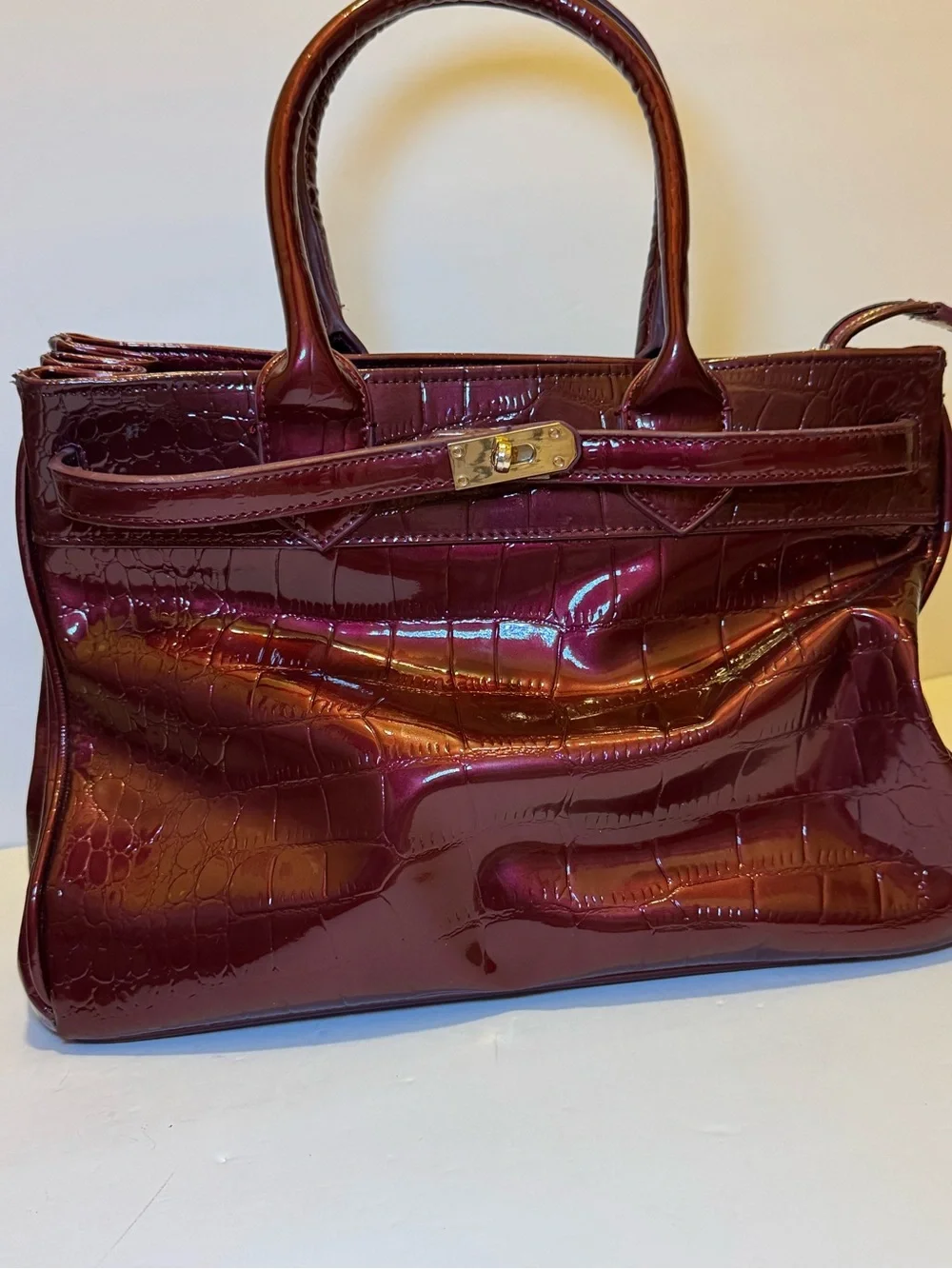 Women's Patent Croc Satchel Handbag in Deep Burgundy